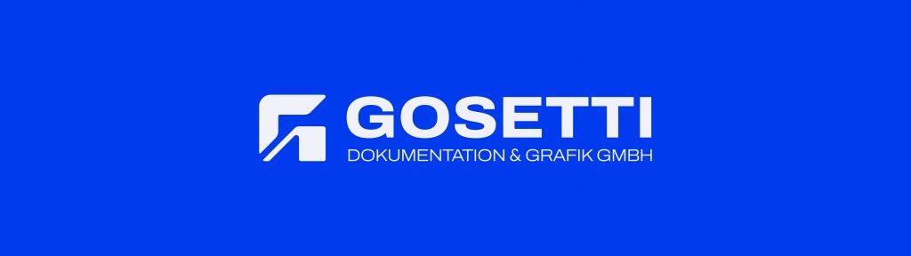 Wort-/Bildmarke: Logo Gosetti Dokumentation & Grafik GmbH auf blauem Hintergrund